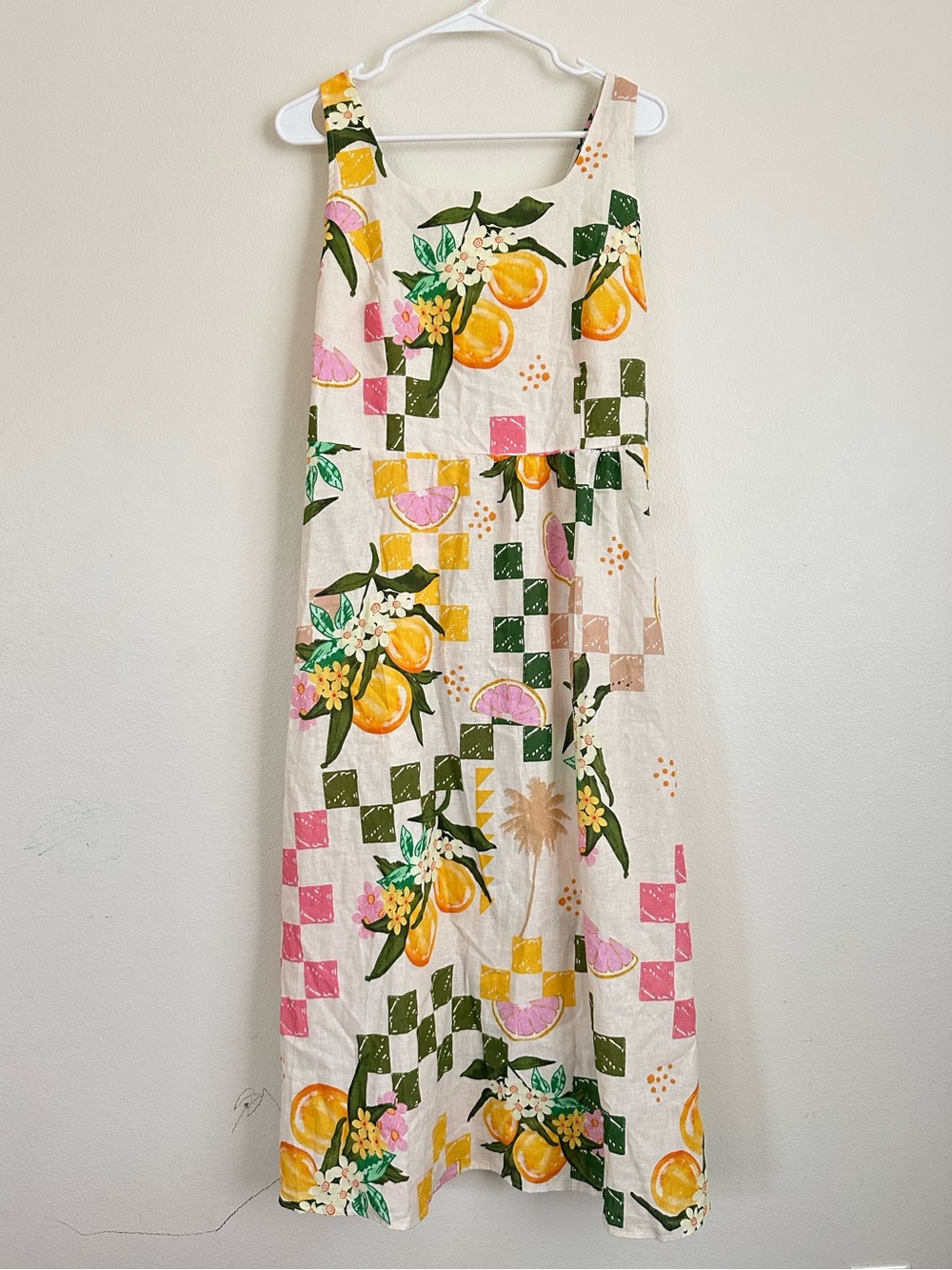NWT Spighe Di Lino Linen Blend Sleeveless Cream Midi Dress  Floral Citrus Print